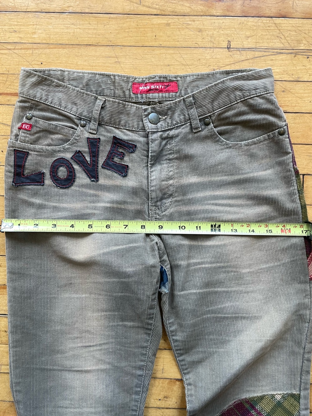 Y2K Miss Sixty Vintage Patchwork Love Flare Corduroy Jeans 26 Euro Hippy - Picture 13 of 16